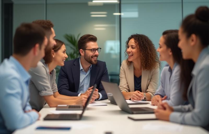 A diverse group of professionals collaborating enthusiastically around a table, representing the academy's supportive environment.