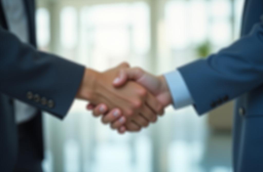 Two professionals shaking hands in a bright, modern office setting, symbolizing career achievement.